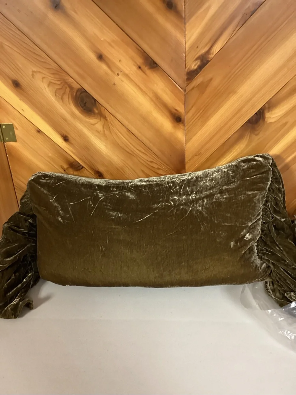 NWT HiEnd Accents STELLA FAUX SILK VELVET LONG RUFFLED PILLOW Olive